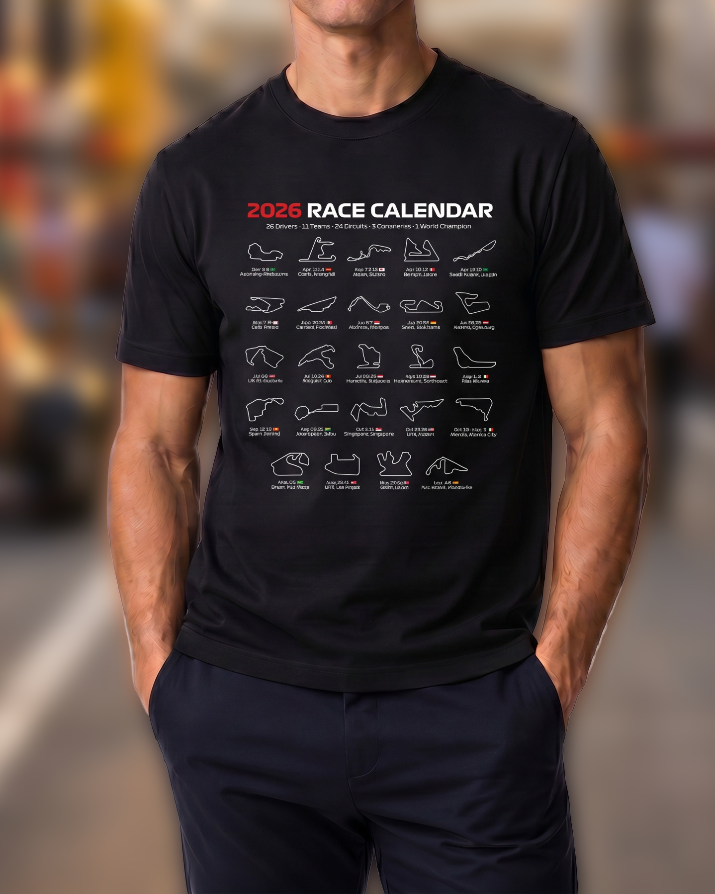 2026 Race Calendar Tee worn by model