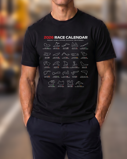 2026 Race Calendar Tee worn by model