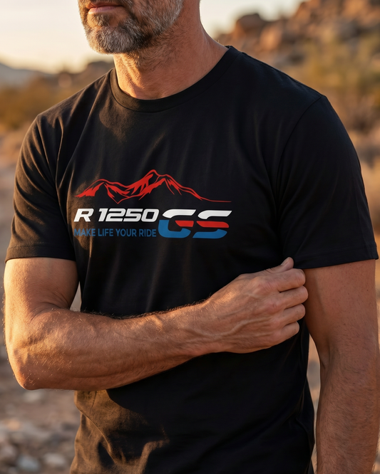 Beemer R1250 GS Mountain Tee worn by model