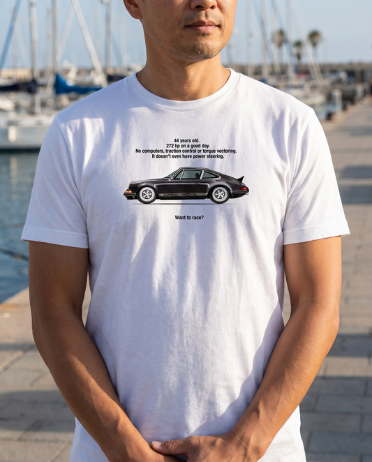 Flat-Six Want To Race Tee worn by model